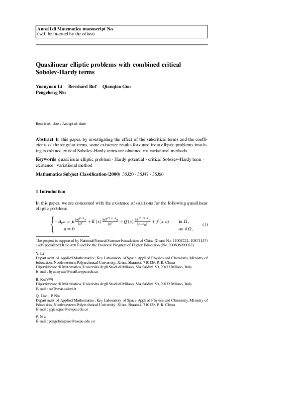 (PDF) Quasilinear elliptic problems with combined critical Sobolev ...