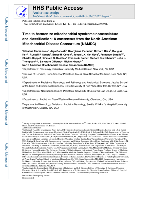 (PDF) Time to Harmonize Mitochondrial Syndrome Nomenclature and ...