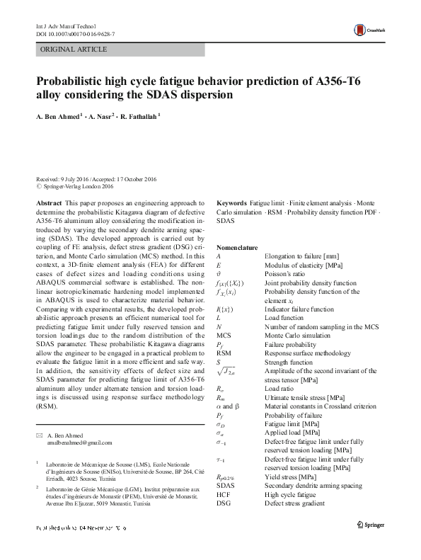 (PDF) Probabilistic high cycle fatigue behavior prediction of A356-T6 ...