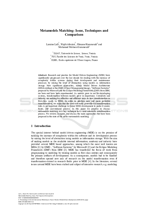 (PDF) Metamodels Matching: Issue, Techniques and Comparison