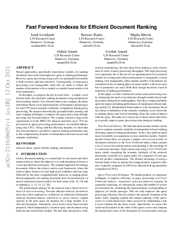 (PDF) Fast Forward Indexes for Efficient Document Ranking