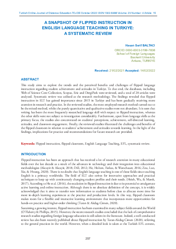 (PDF) A Snapshot of Flipped Instruction in Turkiye: A Systematic Review