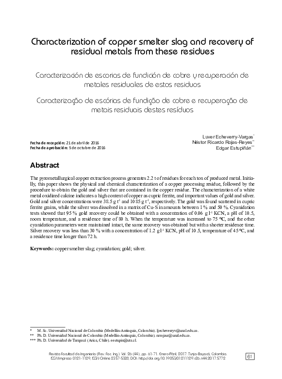(PDF) Characterization of copper smelter slag and recovery of residual ...