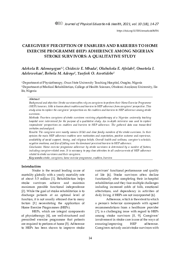  pdf caregivers perception of enablers and barriers to home exercise
