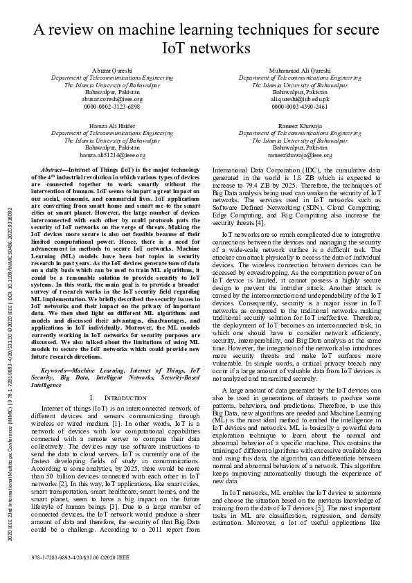 (PDF) A review on machine learning techniques for secure IoT networks