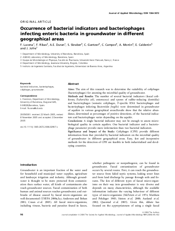(PDF) Occurrence of bacterial indicators and bacteriophages infecting ...
