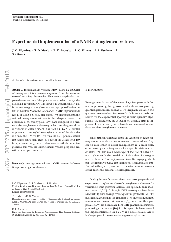 (PDF) Experimental implementation of a NMR entanglement witness