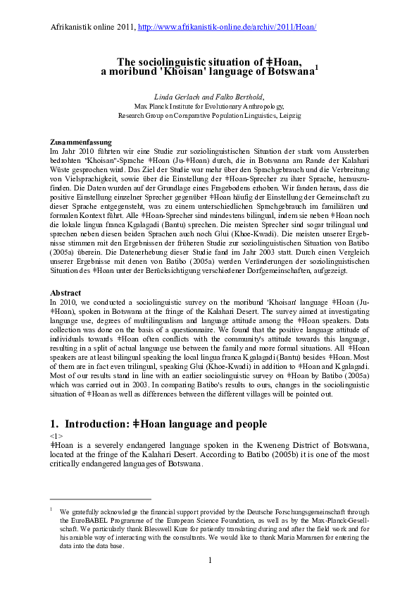 (PDF) The sociolinguistic situation of ǂHoan, a moribund 'Khoisan ...