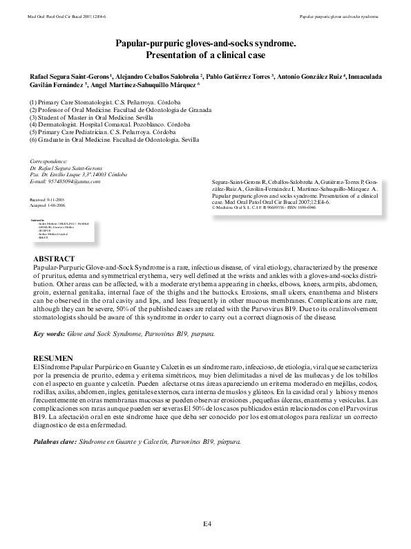 (PDF) Papular purpuric gloves and socks syndrome. Presentation of a