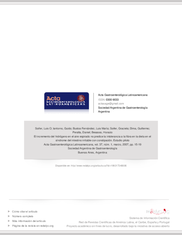 El incremento del hidrógeno en el aire espirado no predice la intolerancia a la fibra en la dieta en el síndrome del intestino irritable con constipación. Estudio piloto
