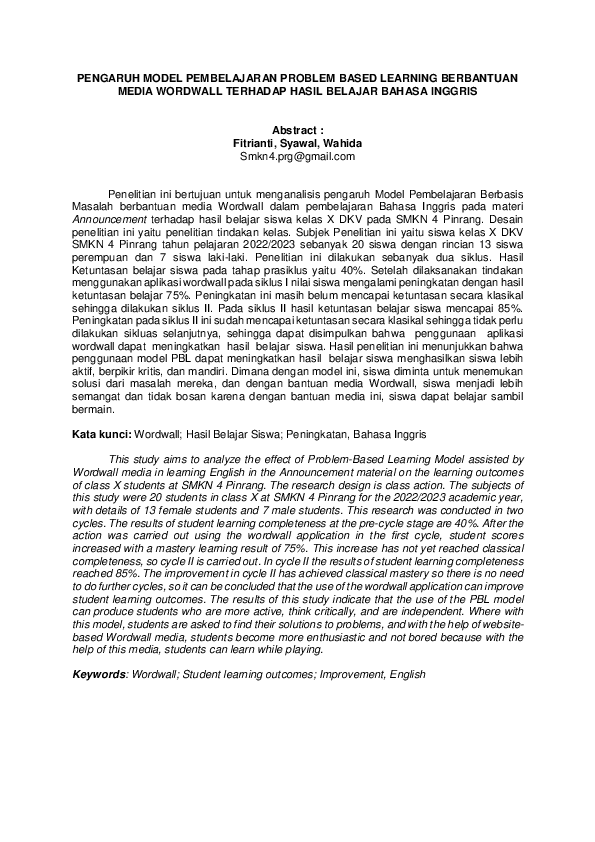 (PDF) PENGARUH MODEL PEMBELAJARAN PROBLEM BASED LEARNING BERBANTUAN ...