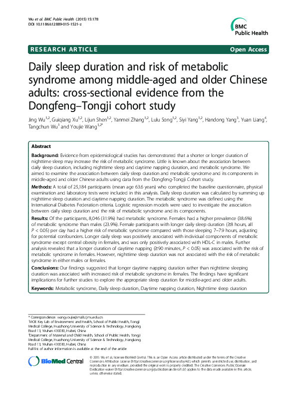 (PDF) Daily sleep duration and risk of metabolic syndrome among middle ...