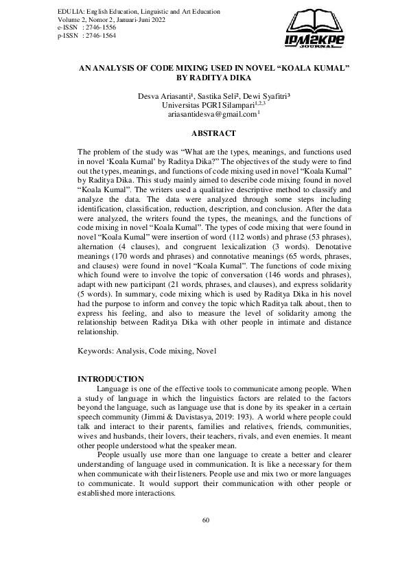 (PDF) AN ANALYSIS OF CODE MIXING USED IN NOVEL "KOALA KUMAL" BY RADITYA ...