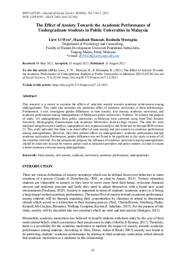 (PDF) The Effect of Anxiety Towards the Academic Performance of ...