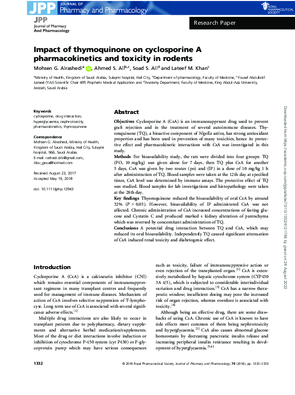 (PDF) Impact of thymoquinone on cyclosporine A pharmacokinetics and ...