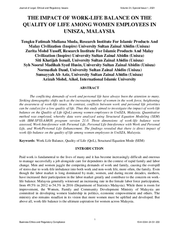 (PDF) The Impact of Work-Life Balance on the Quality of Life among ...