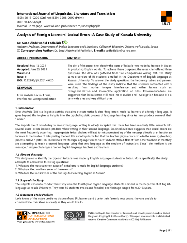 (PDF) Analysis of Foreign Learners’ Lexical Errors: A Case Study of ...