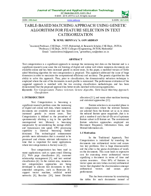 (PDF) Table-Based Matching Approach Using Genetic Algorithm for Feature ...