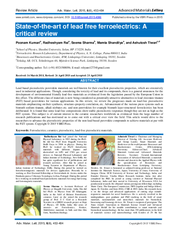 (PDF) State-of-the-art Of Lead Free Ferroelectrics: A Critical Review