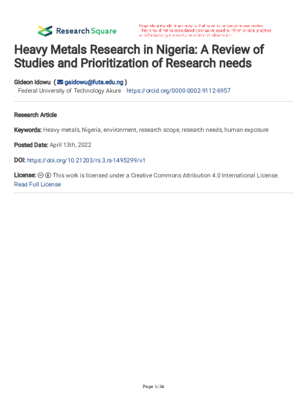 (PDF) Heavy Metals Research in Nigeria: A Review of Studies and ...