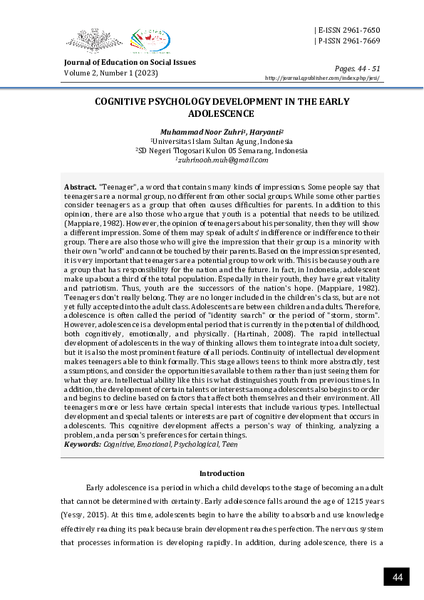 (PDF) COGNITIVE PSYCHOLOGY DEVELOPMENT IN THE EARLY ADOLESCENCE