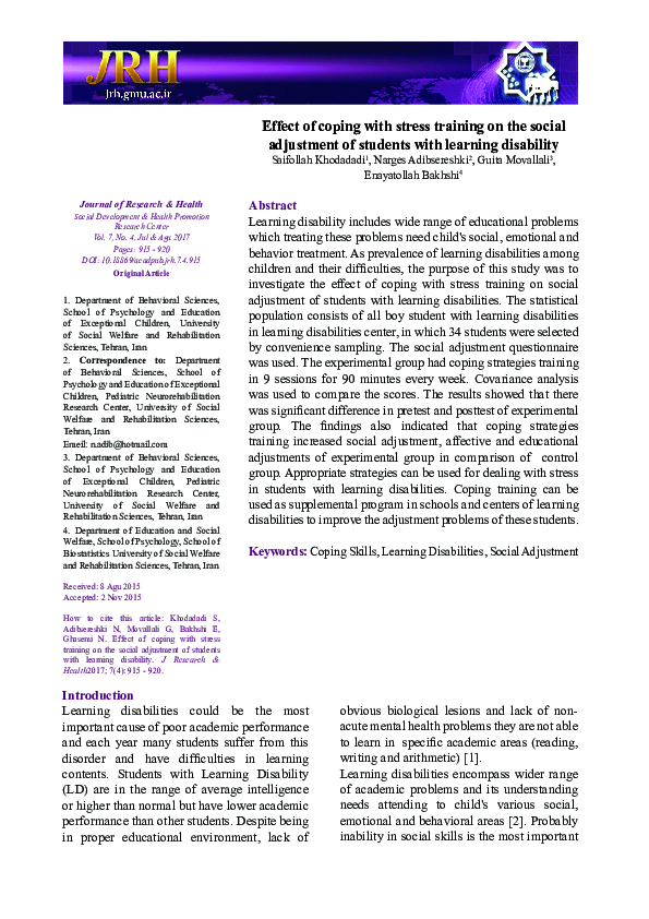 (PDF) Effect of coping with stress training on the social adjustment of ...