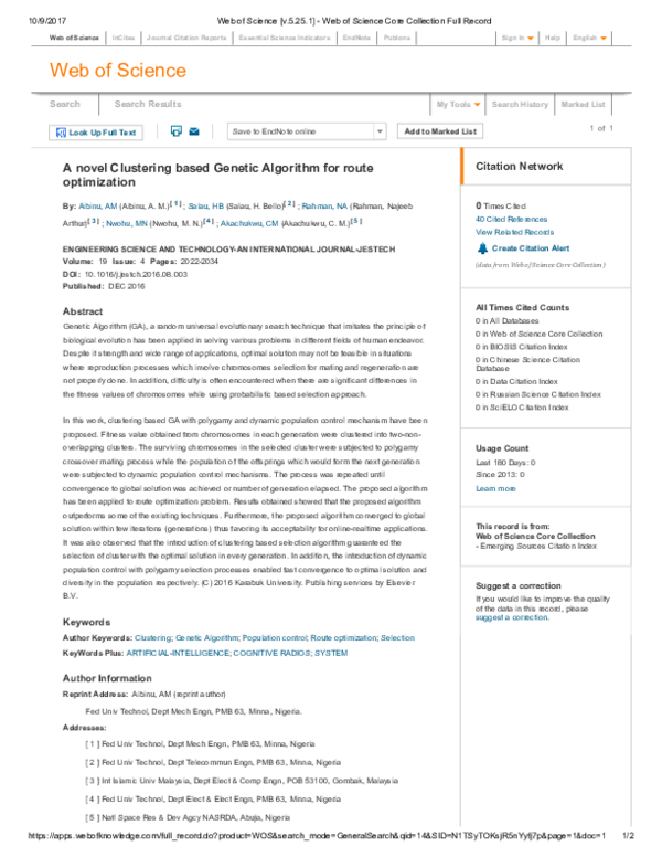 (PDF) A novel Clustering based Genetic Algorithm for route optimization