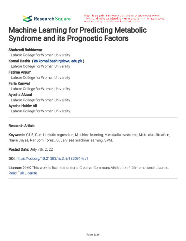 (PDF) Machine Learning for Predicting Metabolic Syndrome and its ...