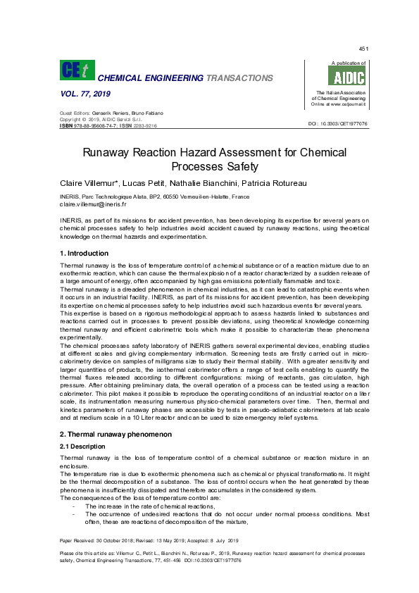 (PDF) Runaway reaction hazard assessment for chemical processes safety