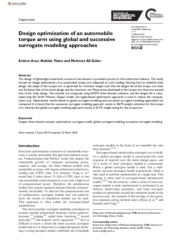(PDF) Design optimization of an automobile torque arm using global and ...