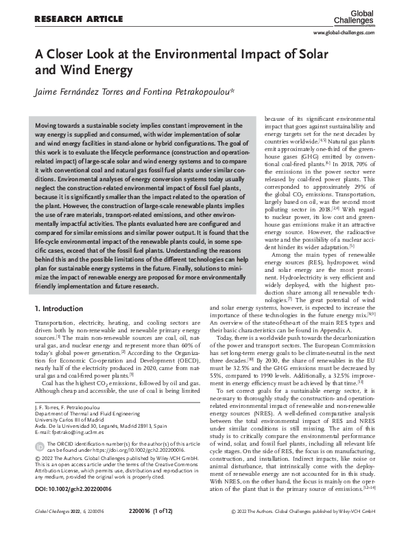(PDF) A Closer Look at the Environmental Impact of Solar and Wind Energy