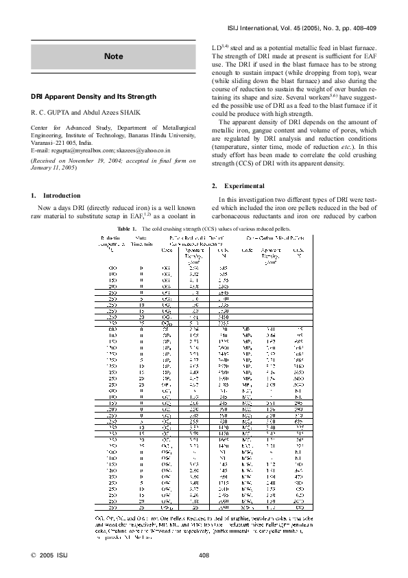 (PDF) DRI Apparent Density and Its Strength
