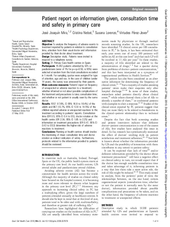 (PDF) Patient report on information given, consultation time and safety ...