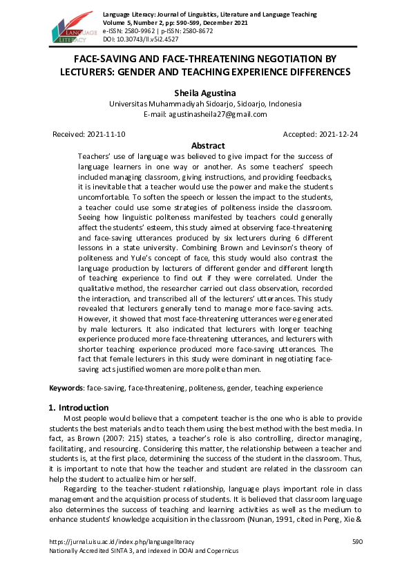 (PDF) FaceSaving and FaceThreatening Negotiation by Lecturers Gender
