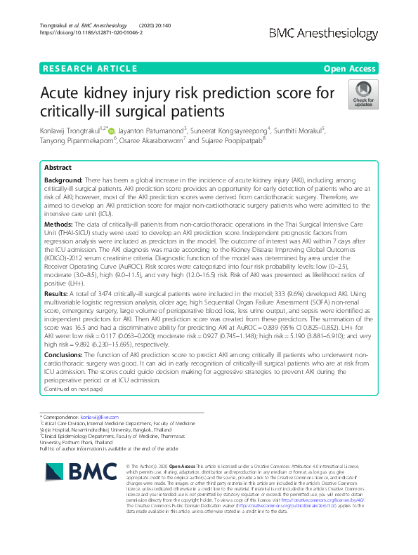 (PDF) Acute kidney injury risk prediction score for critically-ill ...