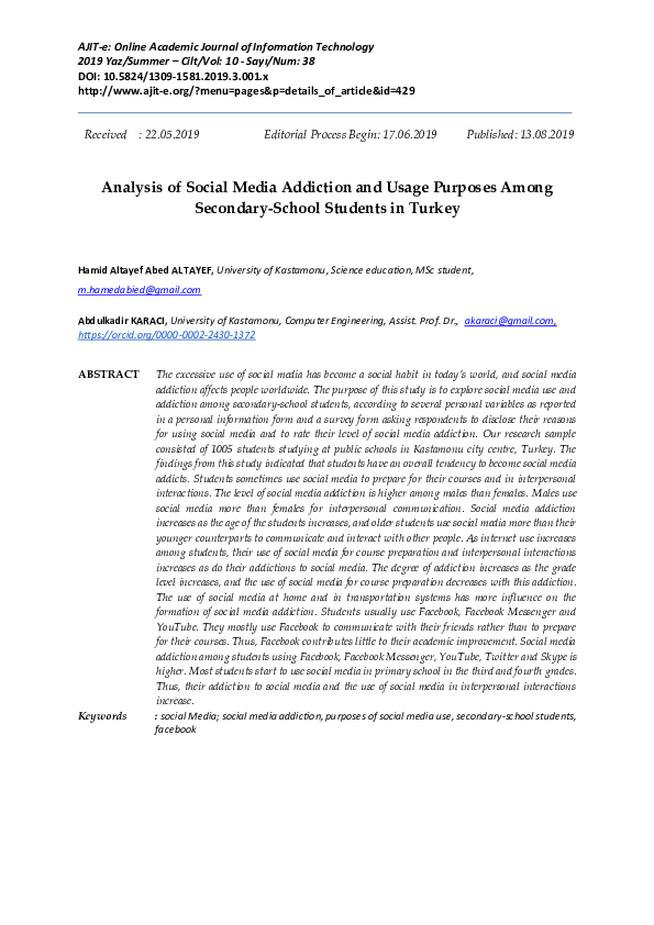 (PDF) Analysis of Social Media Addiction and Usage Purposes Among ...