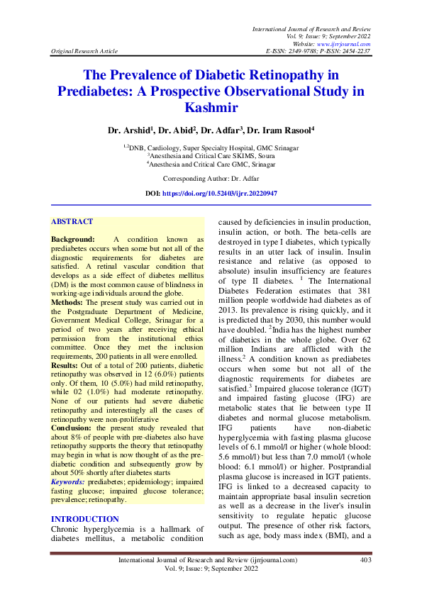 (PDF) The Prevalence of Diabetic Retinopathy in Prediabetes: A ...
