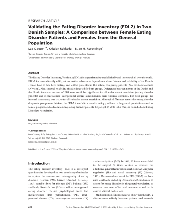 (PDF) Validating the eating disorder inventory (EDI-2) in two danish ...