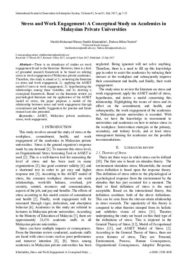 (PDF) Stress and Work Engagement: A Conceptual Study on Academics in ...