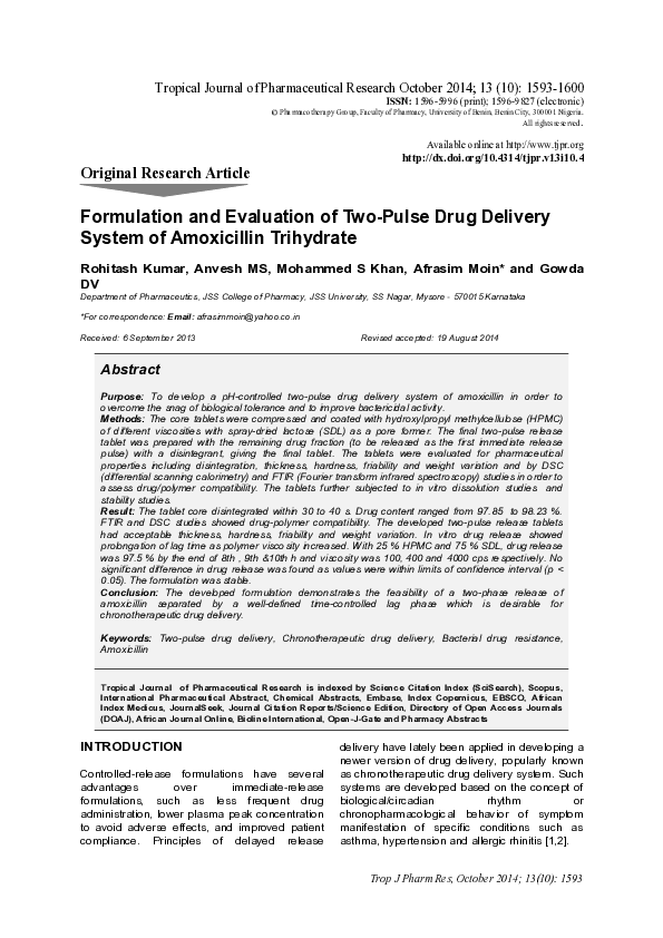 (PDF) Formulation and evaluation of two-pulse drug delivery system of ...