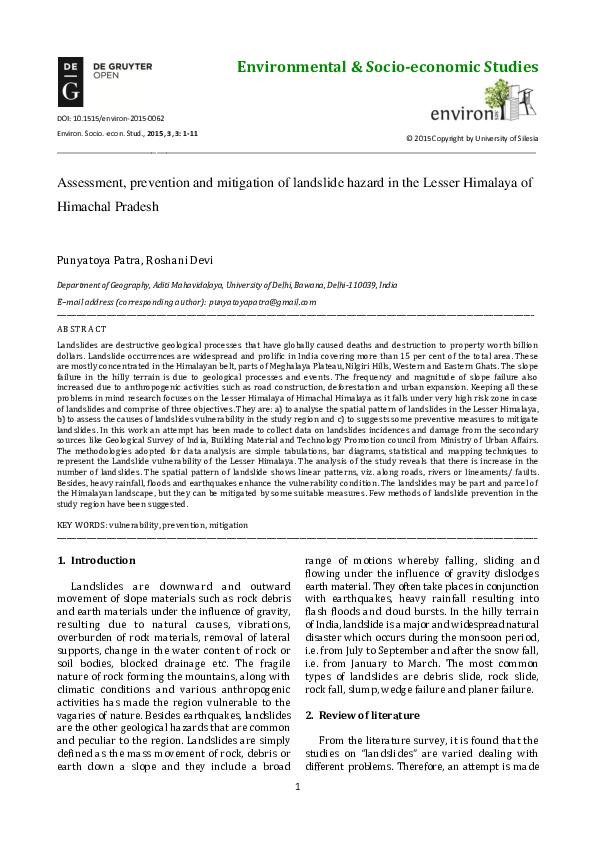 (PDF) Assessment, prevention and mitigation of landslide hazard in the ...