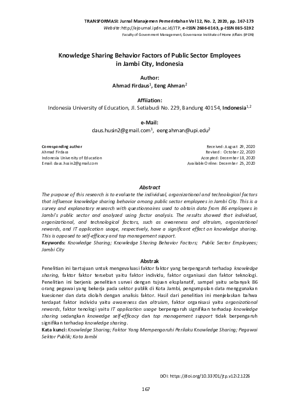 (PDF) Knowledge Sharing Behavior Factors of Public Sector Employees in ...