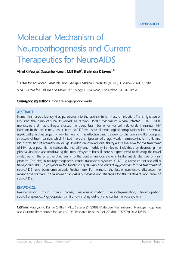 (PDF) Molecular mechanism of neuropathogenesis and current therapeutics ...