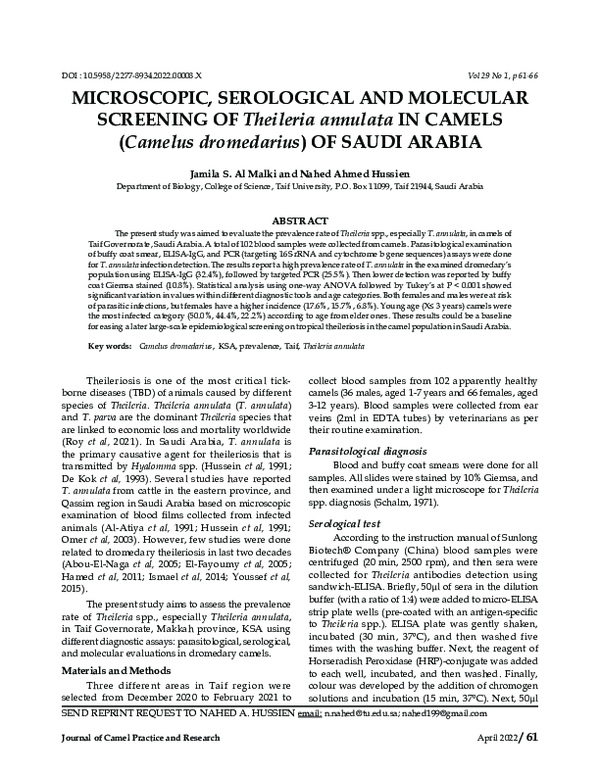 (PDF) Microscopic, Serological and Molecular Screening of Theileria ...