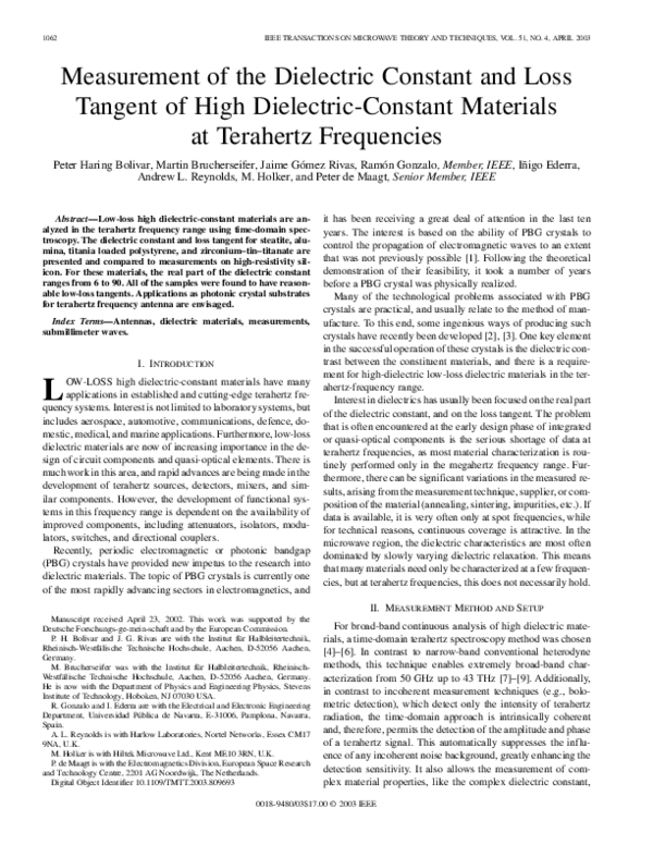 (PDF) Measurement of the dielectric constant and loss tangent of high ...