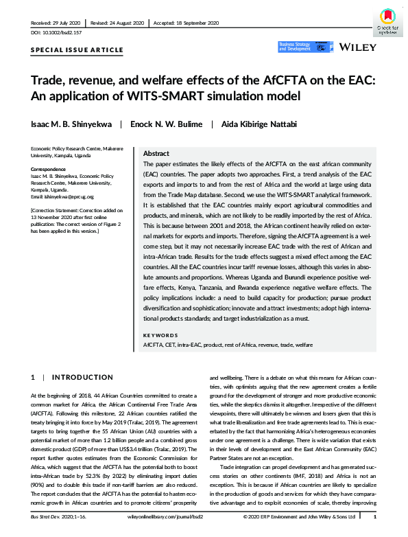 (PDF) Trade, revenue, and welfare effects of the AfCFTA on the EAC : An ...