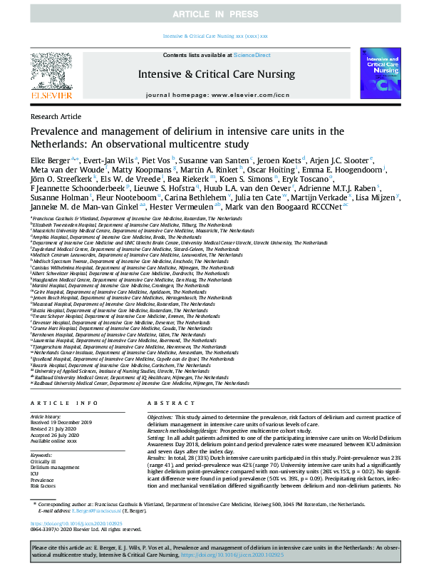(PDF) Prevalence and management of delirium in intensive care units in ...