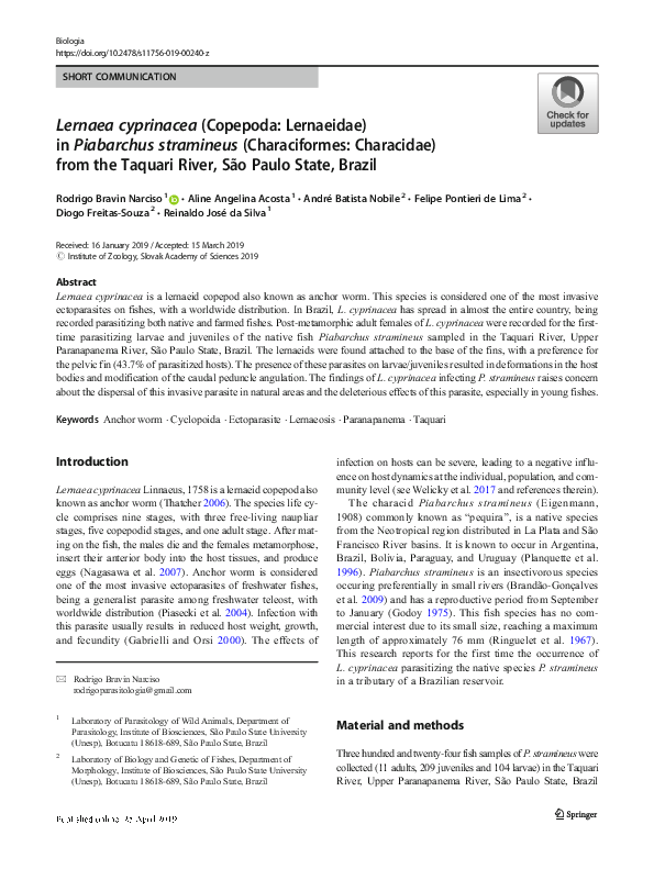 (PDF) Lernaea cyprinacea (Copepoda: Lernaeidae) in Piabarchus ...