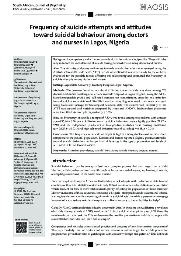 (PDF) Frequency of suicide attempts and attitudes toward suicidal ...
