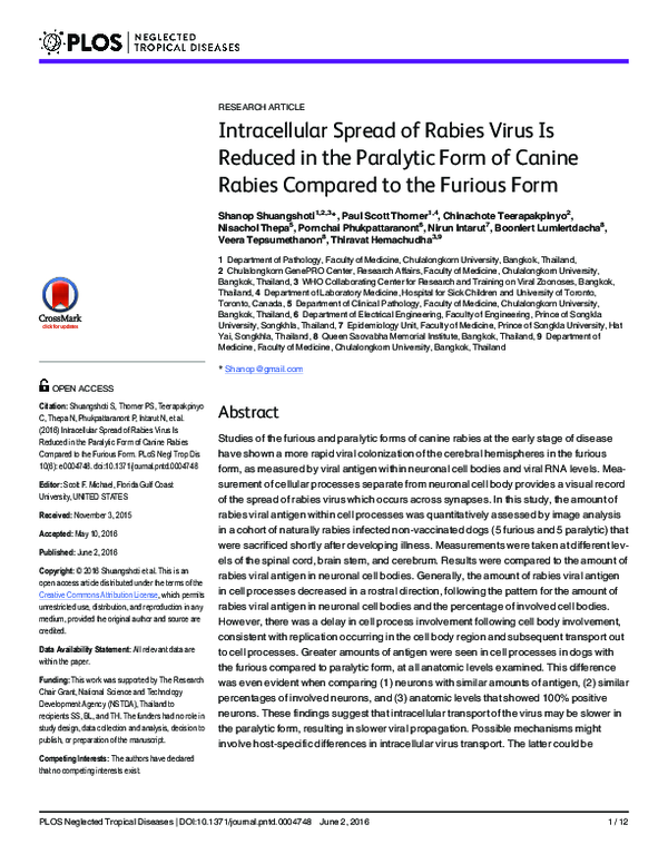 (PDF) Intracellular Spread of Rabies Virus Is Reduced in the Paralytic